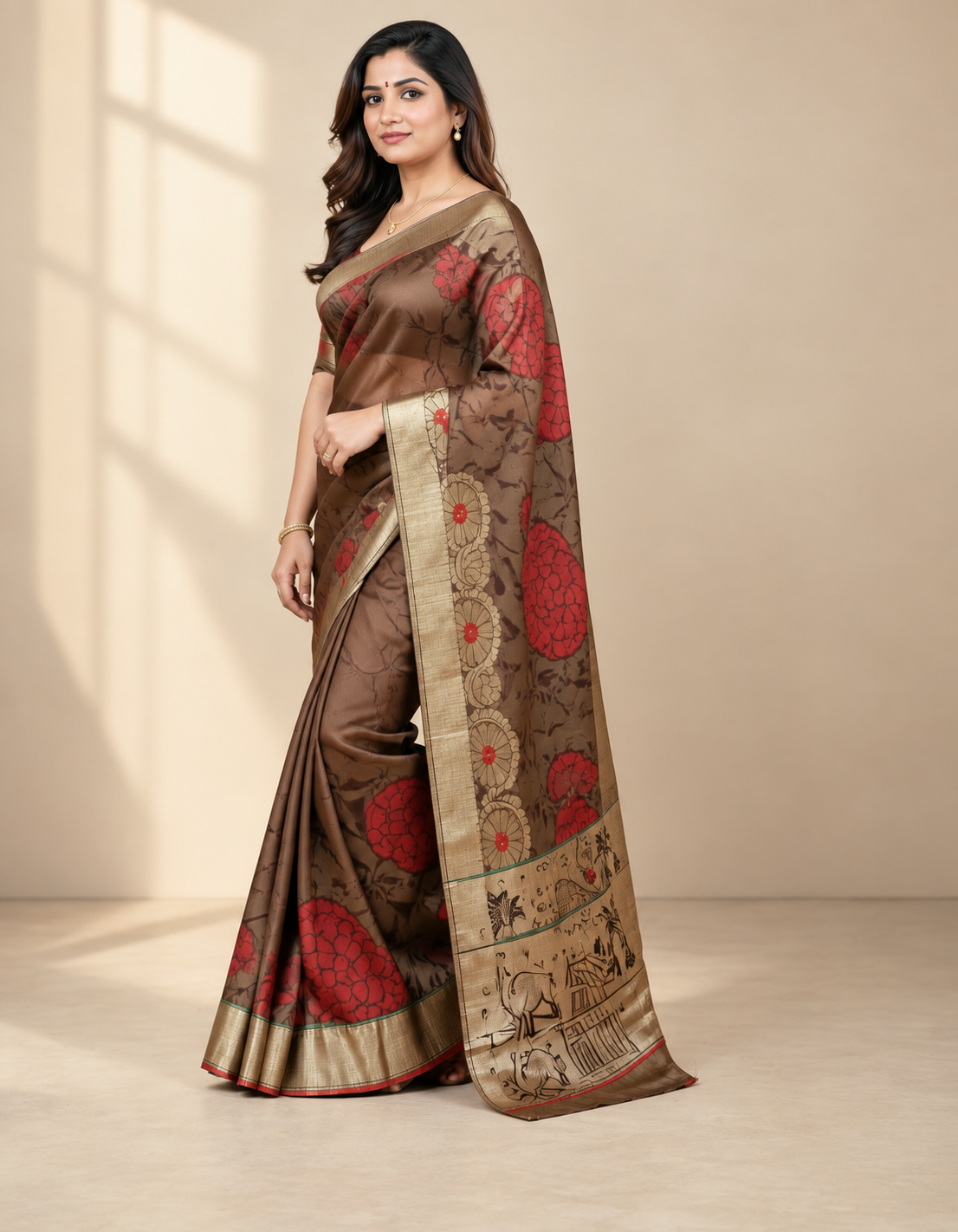 Brown With Gold Zari Accents Saree saree at ₹199