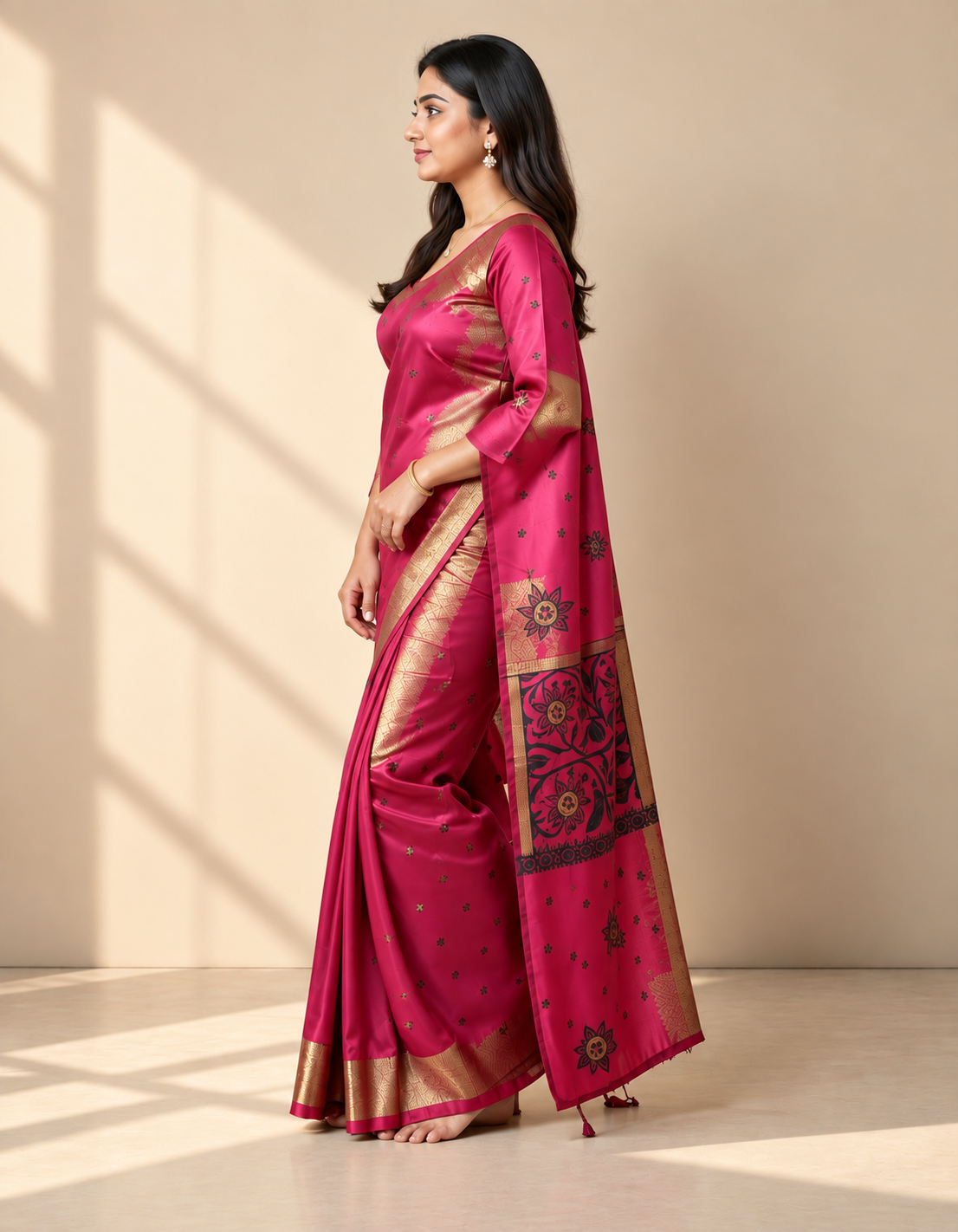 Pink And Crimson With Gold Zari Accents Saree saree at ₹199