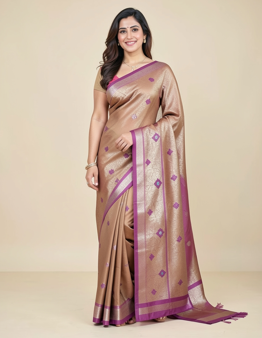 Rose Pink And Tan With Silver Zari Accents Saree saree at ₹199