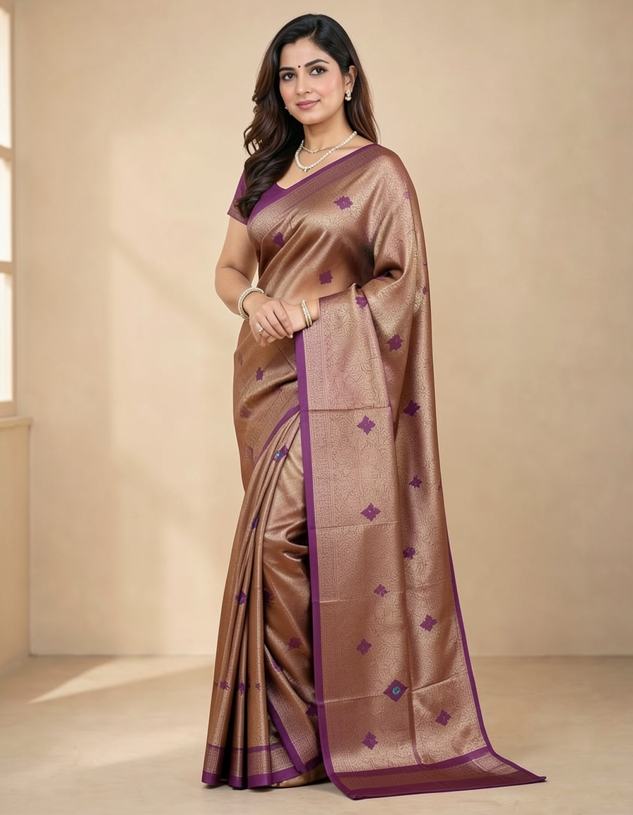Rose Pink And Tan With Silver Zari Accents Saree saree at ₹199