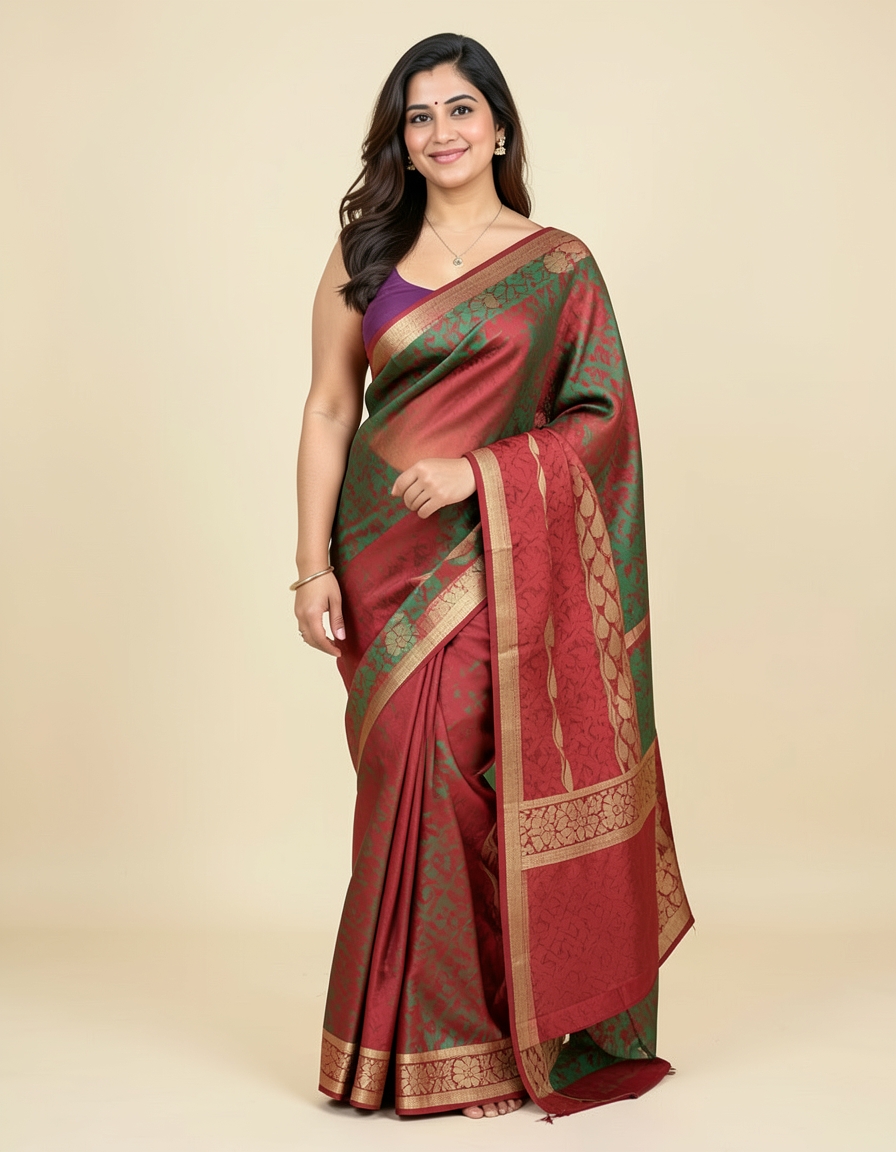 Crimson And Deep Green With Gold Zari Accents Saree saree at ₹199