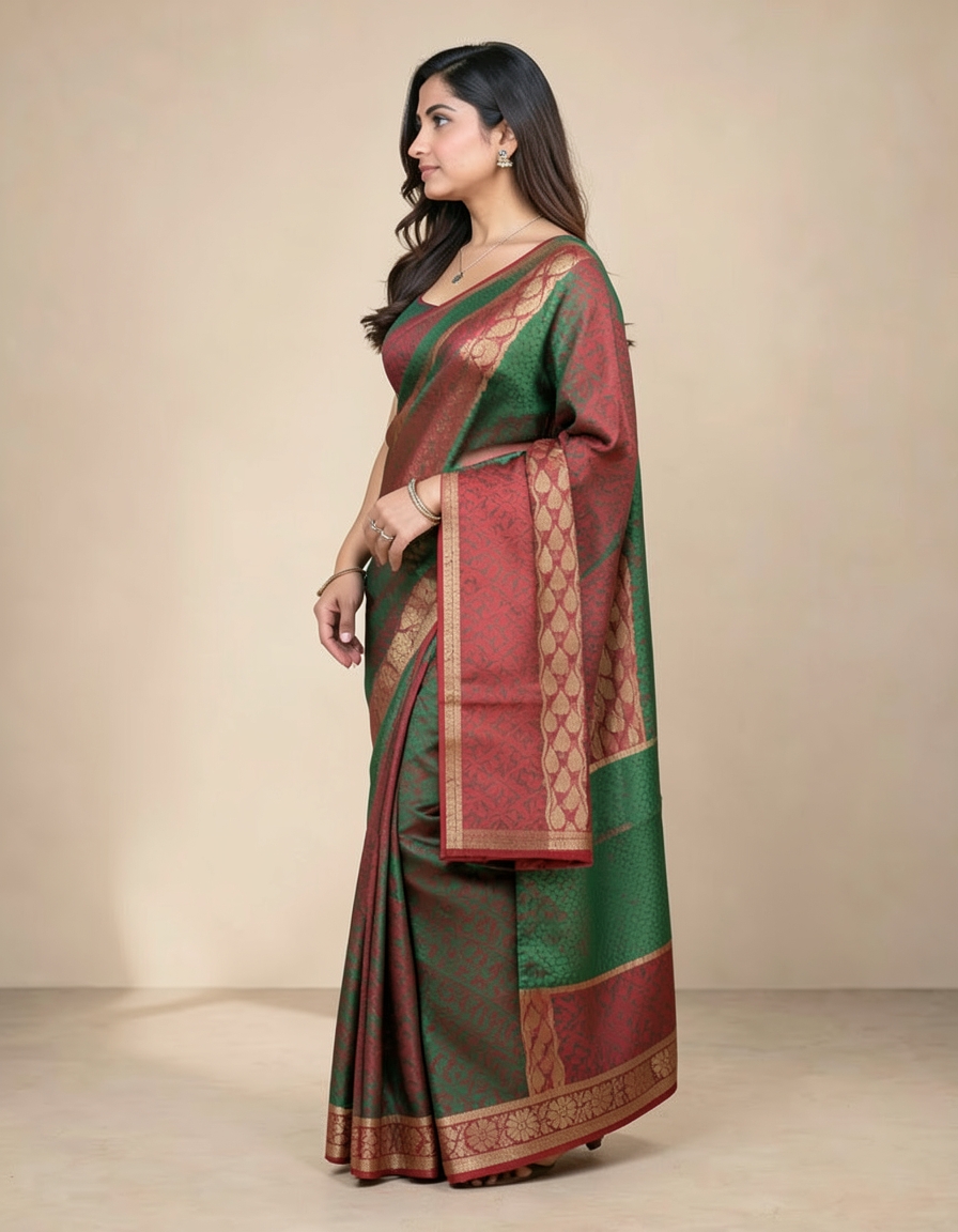 Crimson And Deep Green With Gold Zari Accents Saree saree at ₹199