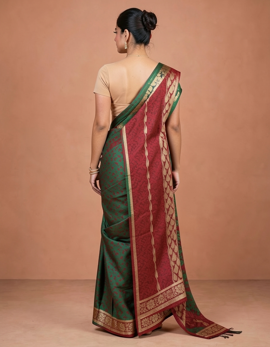 Crimson And Deep Green With Gold Zari Accents Saree saree at ₹199