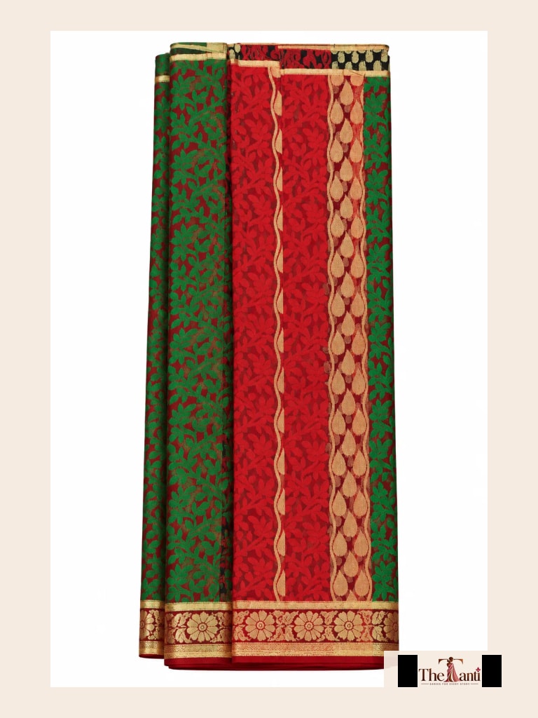 Crimson And Deep Green With Gold Zari Accents Saree saree at ₹199