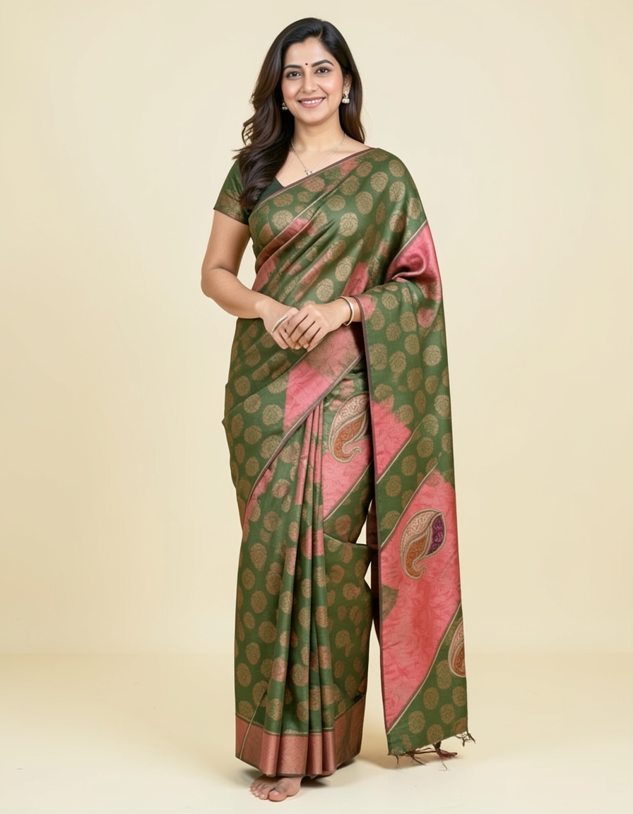 Baby Pink And Deep Green With Gold Zari Accents Saree saree at ₹199