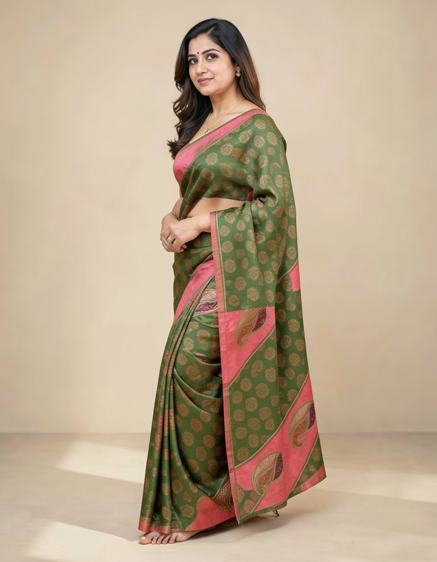 Baby Pink And Deep Green With Gold Zari Accents Saree saree at ₹199