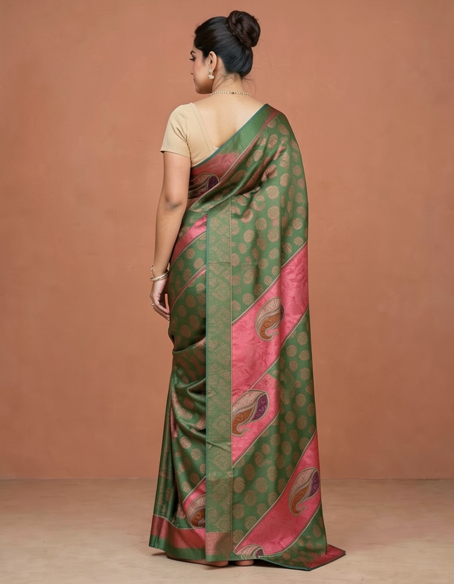 Baby Pink And Deep Green With Gold Zari Accents Saree saree at ₹199