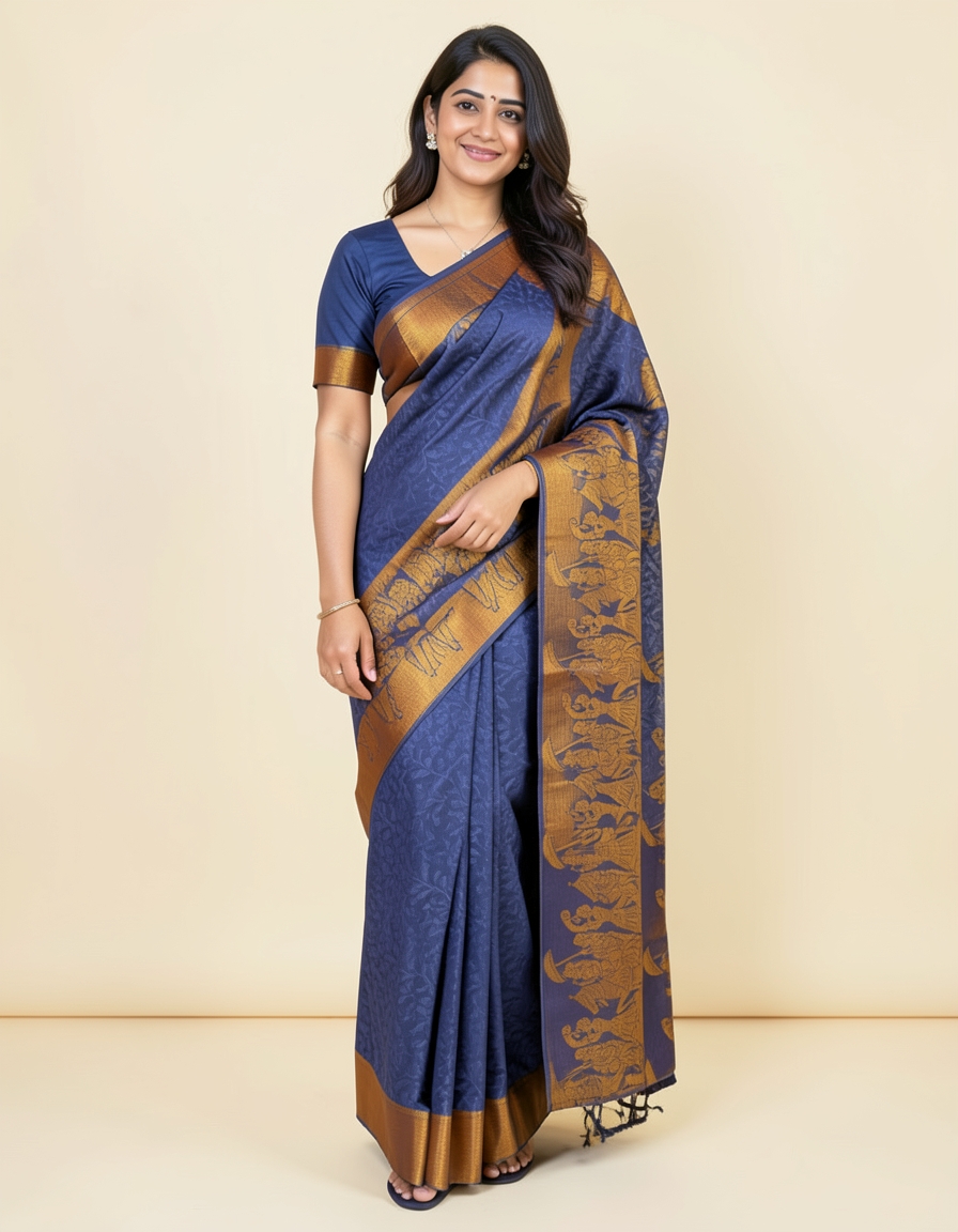 Blue And Orange With Gold Zari Accents Saree saree at ₹199