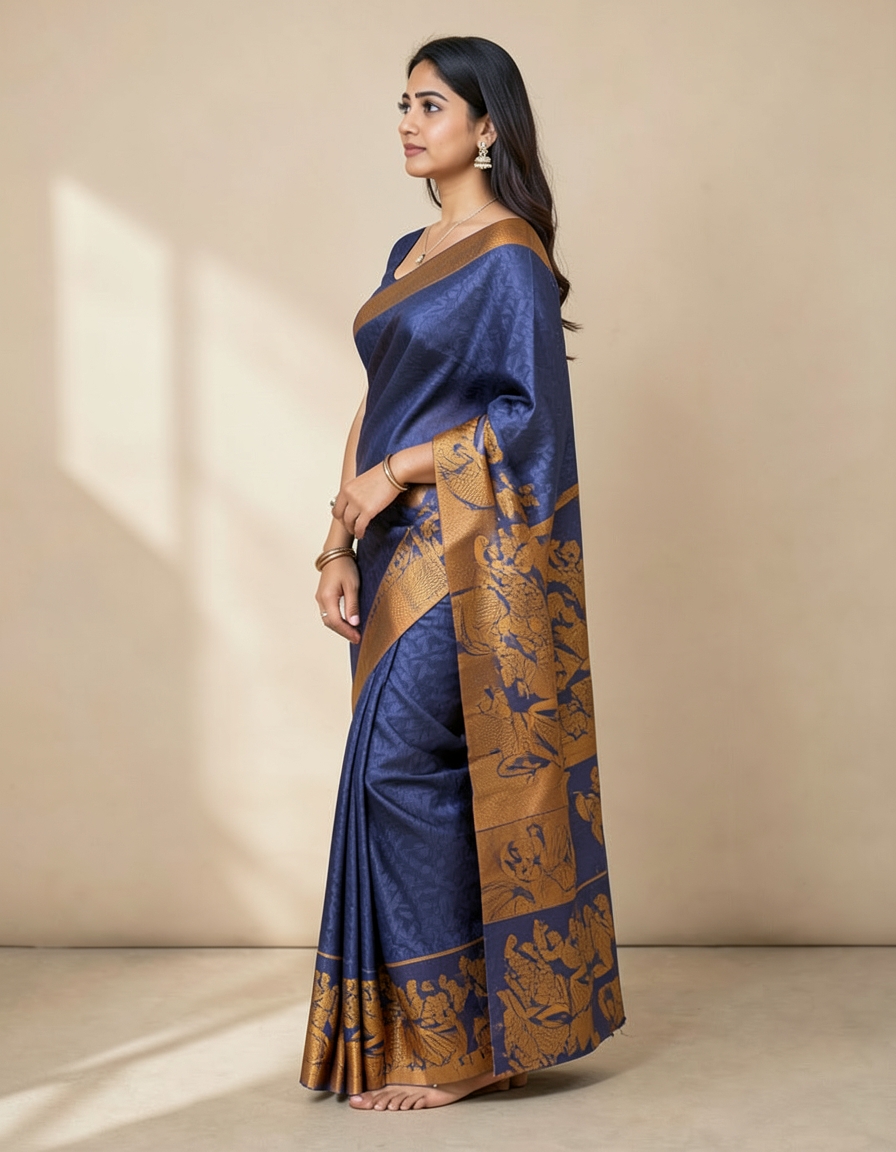 Blue And Orange With Gold Zari Accents Saree saree at ₹199