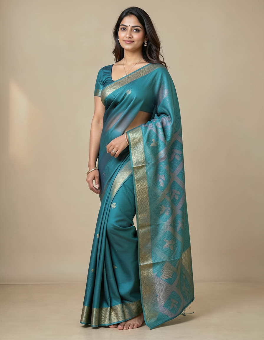 Teal And Blue With Gold Zari Accents Saree saree at ₹199