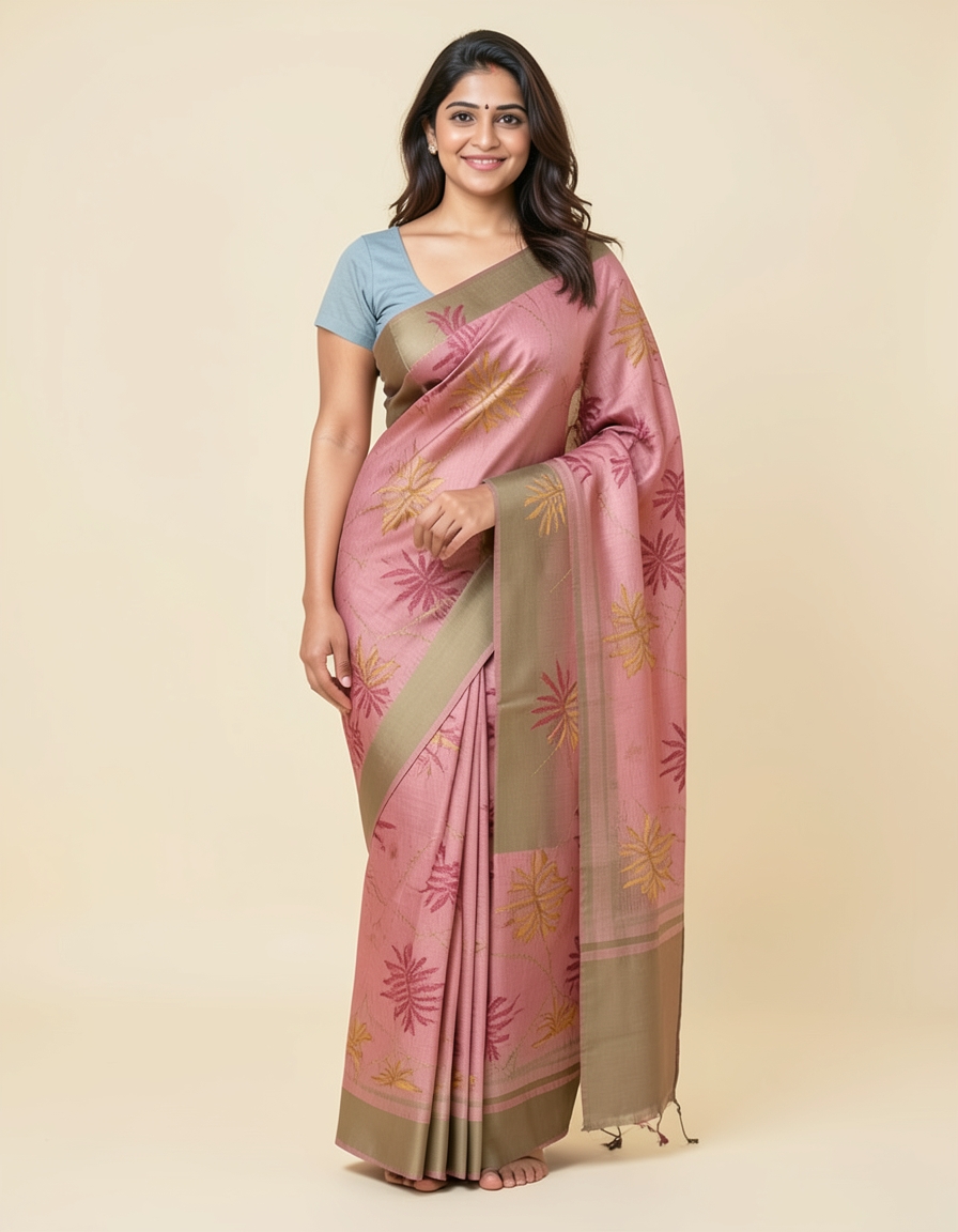 Baby Pink And Tan With Silver Zari Accents Saree saree at ₹199