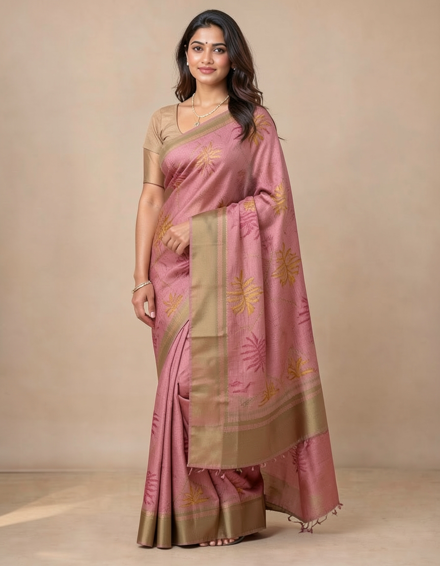 Baby Pink And Tan With Silver Zari Accents Saree saree at ₹199
