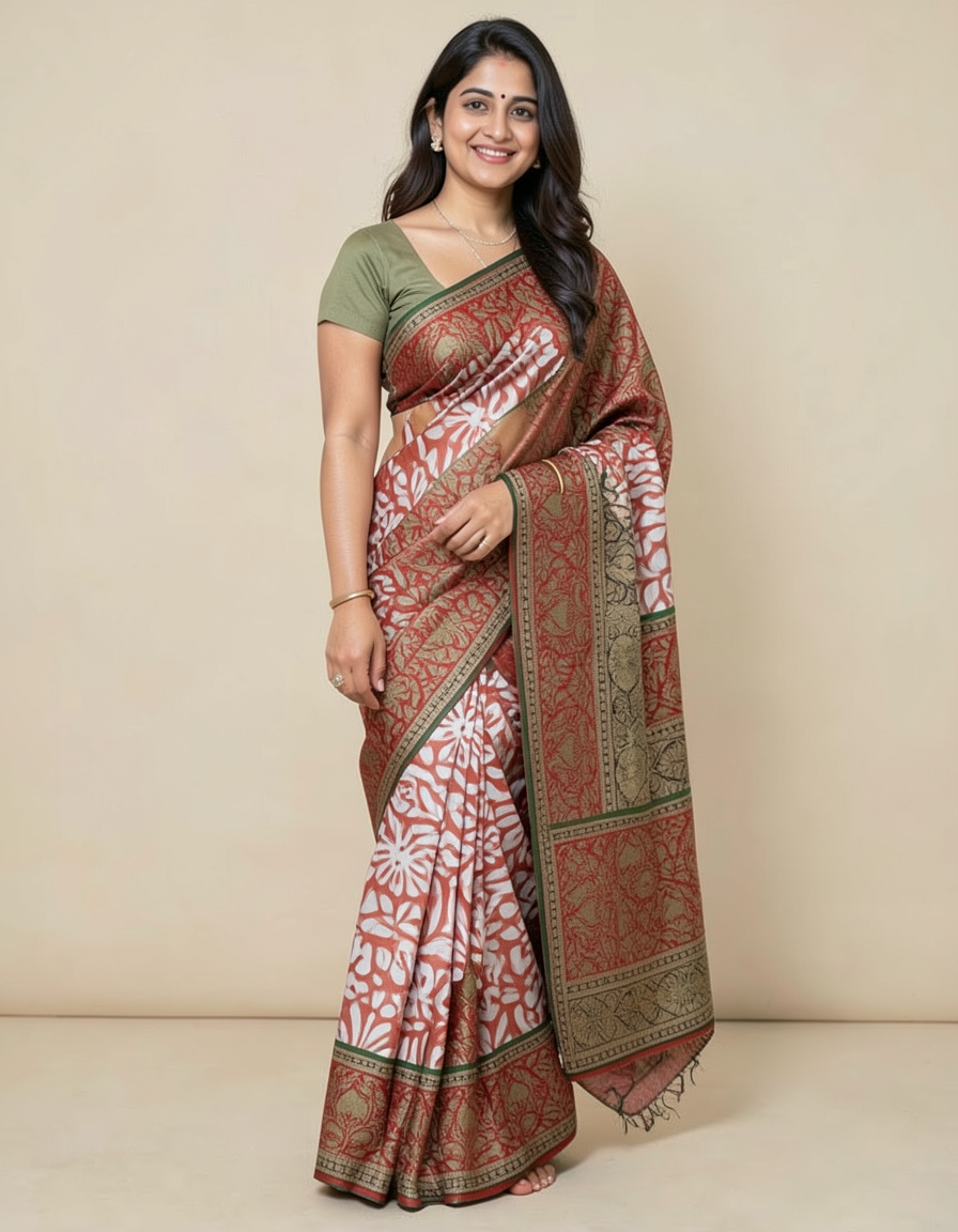 Brown And Baby Pink With Gold Zari Accents Saree saree at ₹199