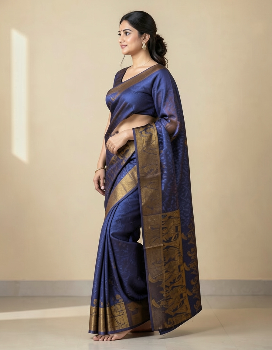 Blue And Brown With Gold Zari Accents Saree saree at ₹199