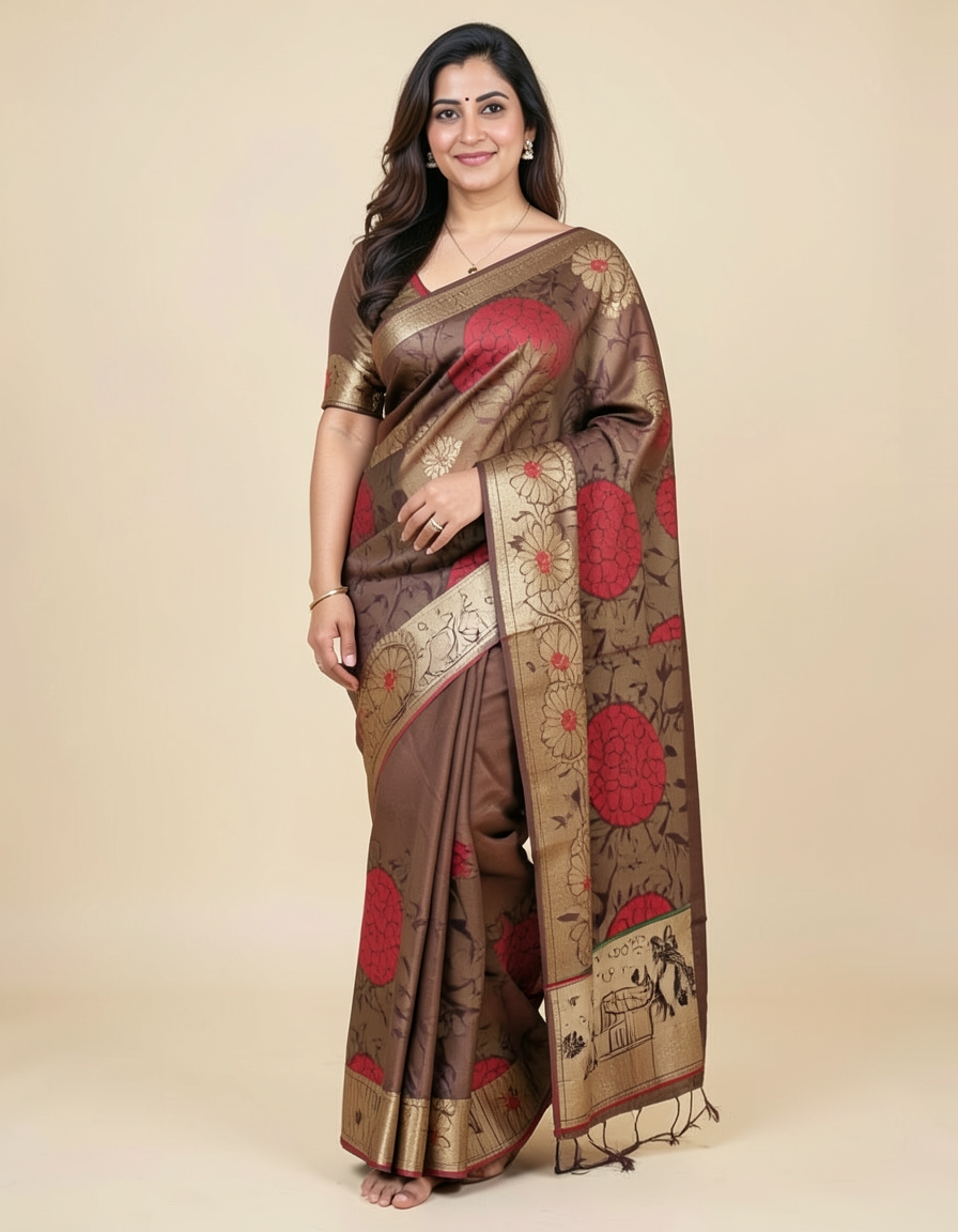 Brown With Gold Zari Accents Saree saree at ₹199