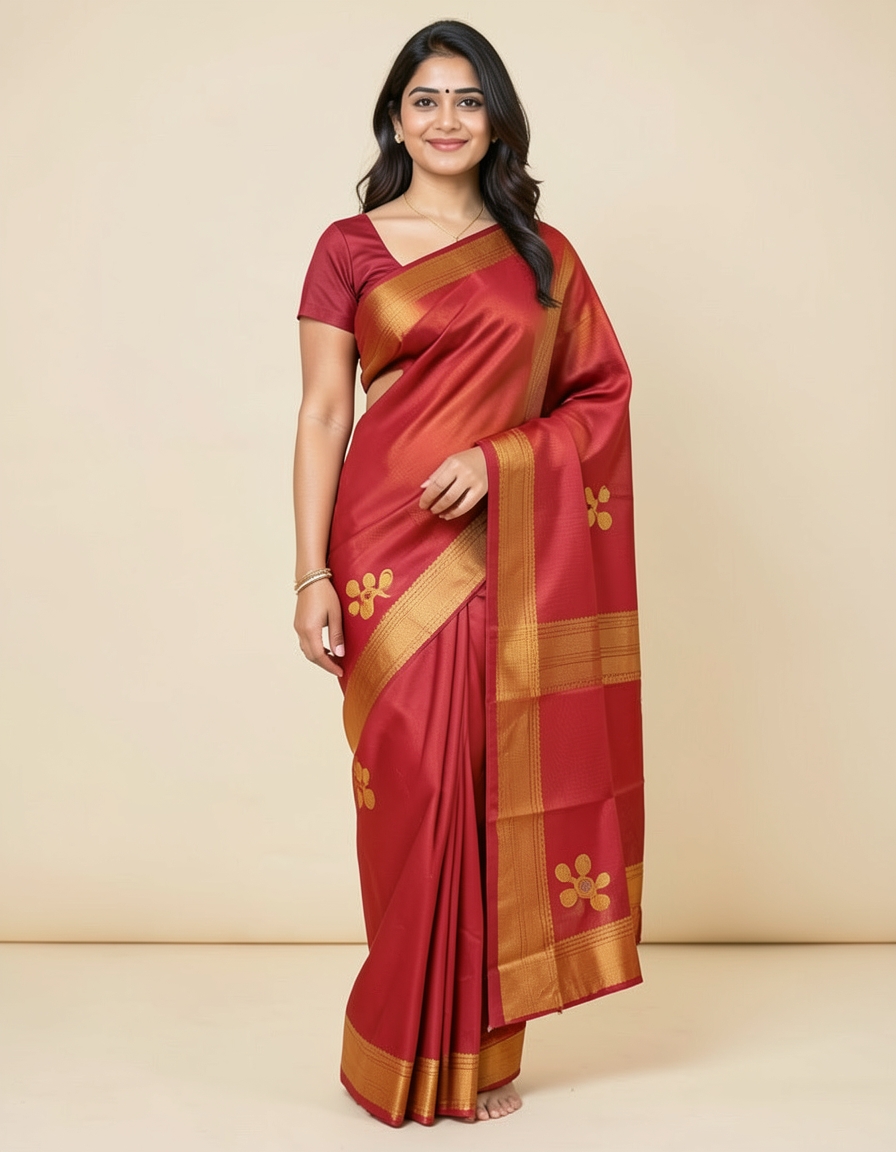 Crimson And Orange With Gold Zari Accents Saree saree at ₹199