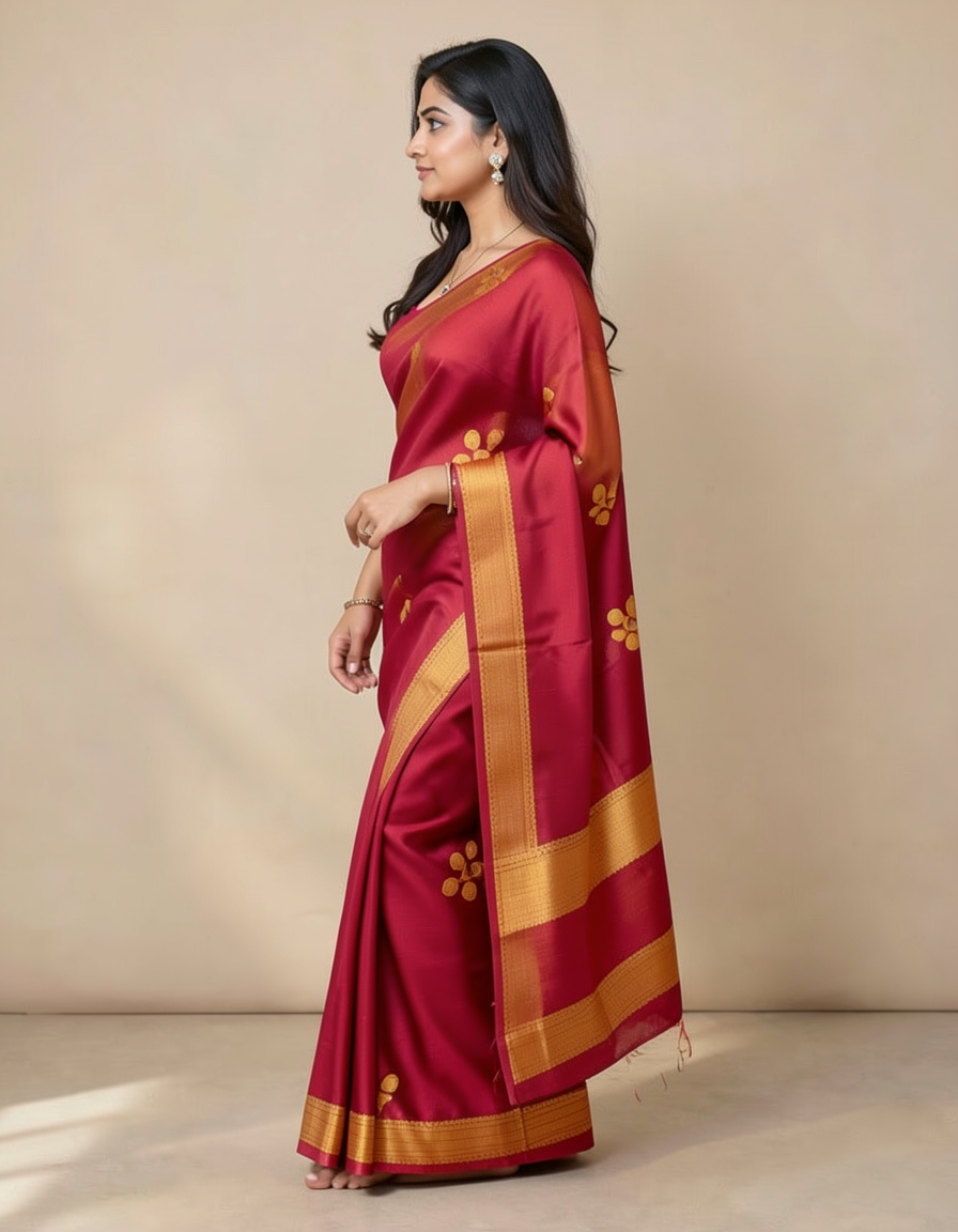 Crimson And Orange With Gold Zari Accents Saree saree at ₹199