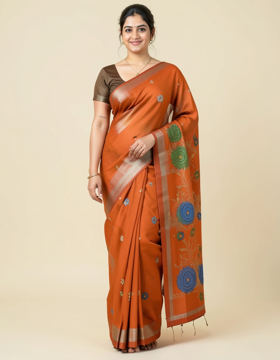 Orange And Brown With Silver Zari Accents Saree saree at ₹199
