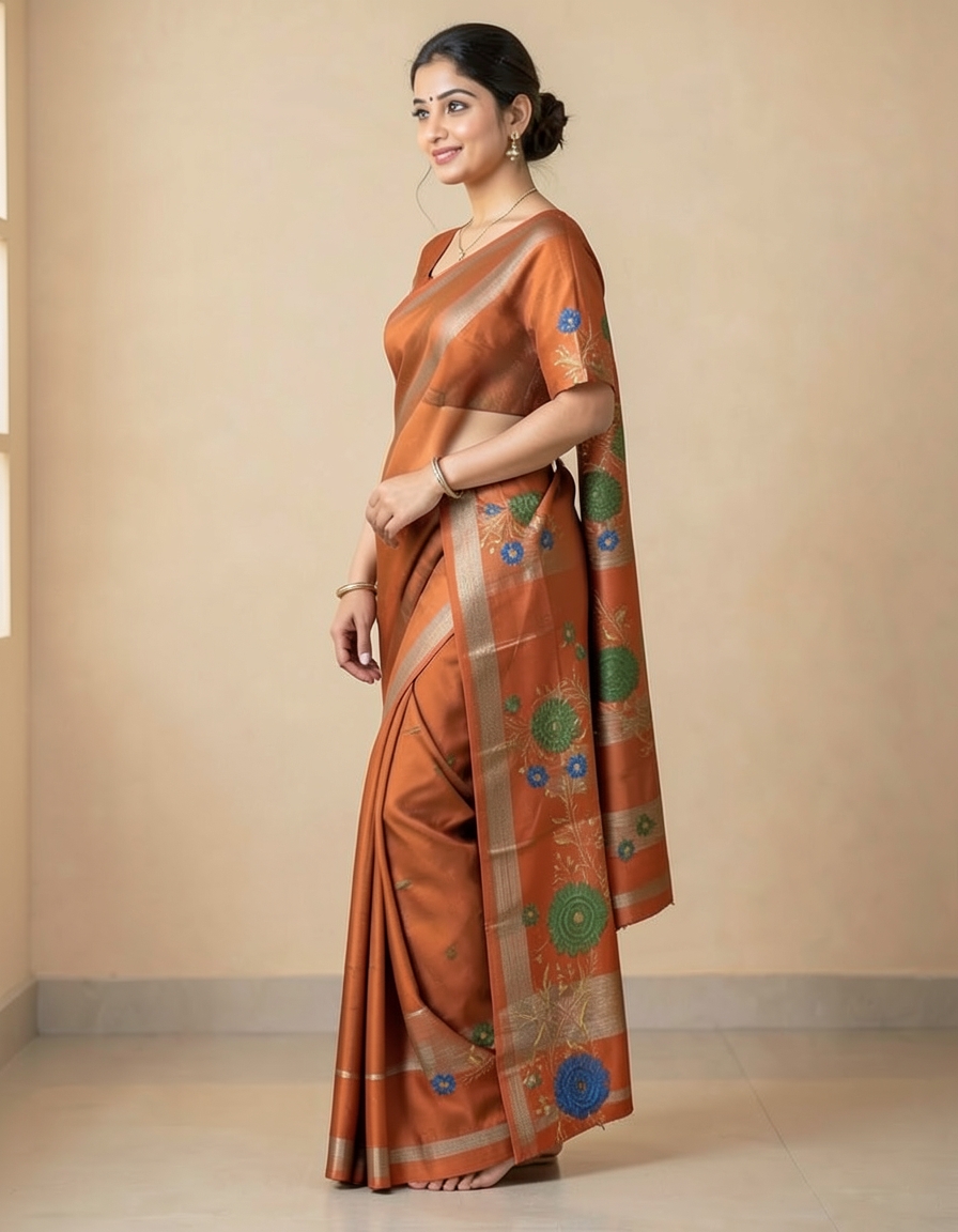 Orange And Brown With Silver Zari Accents Saree saree at ₹199