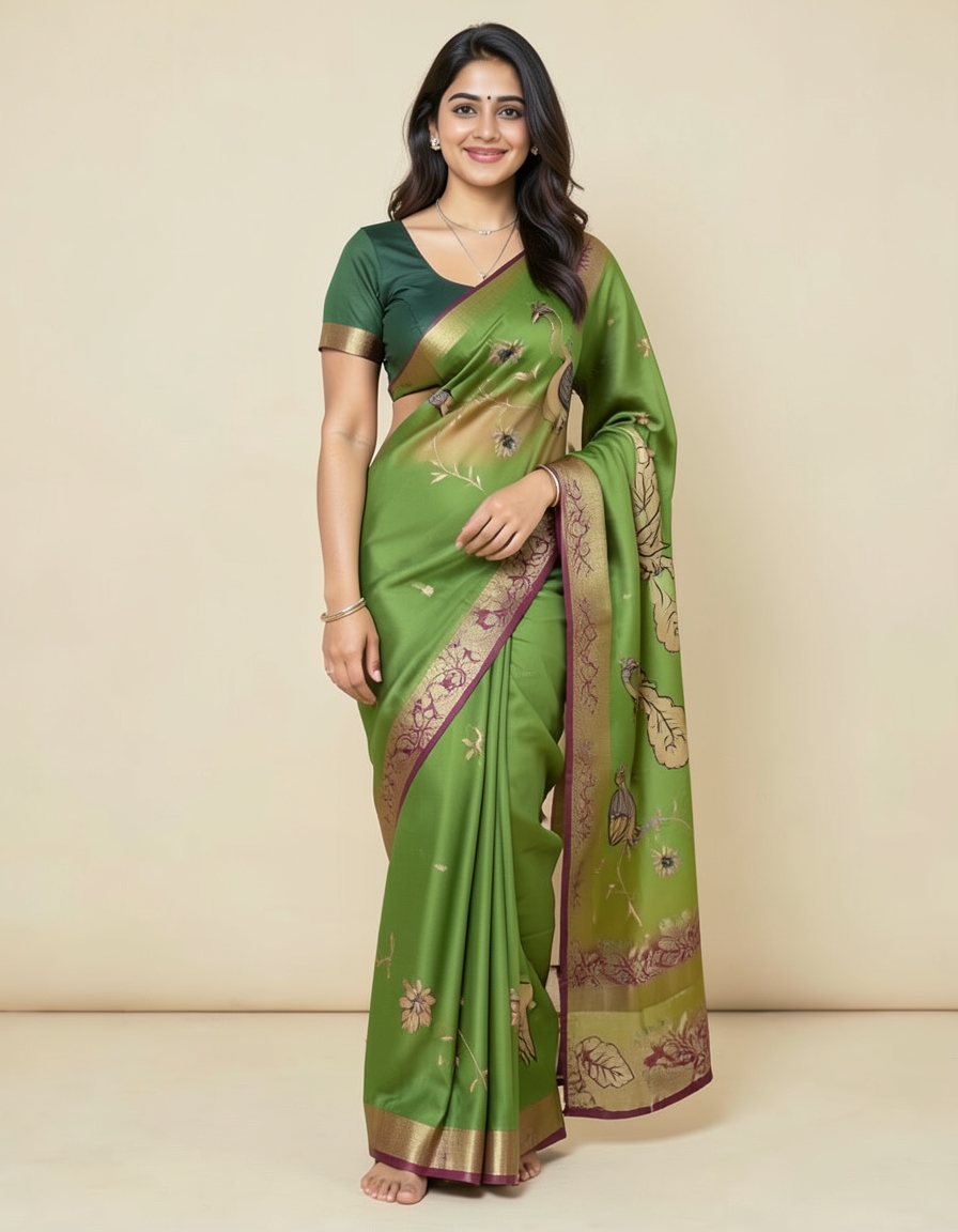 Green With Gold Zari Accents Saree saree at ₹199