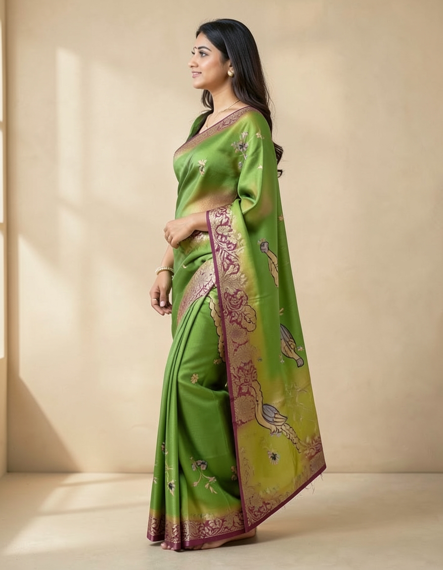 Green With Gold Zari Accents Saree saree at ₹199
